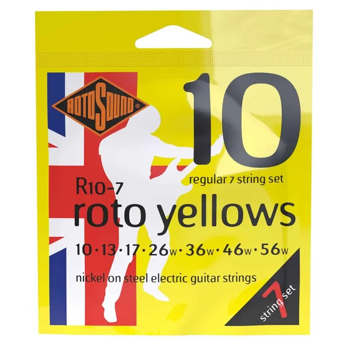 Rotosound R10-7 ROTO Yellows 7-String Nickel Wound 10-56 Electric Guitar Strings, Regular