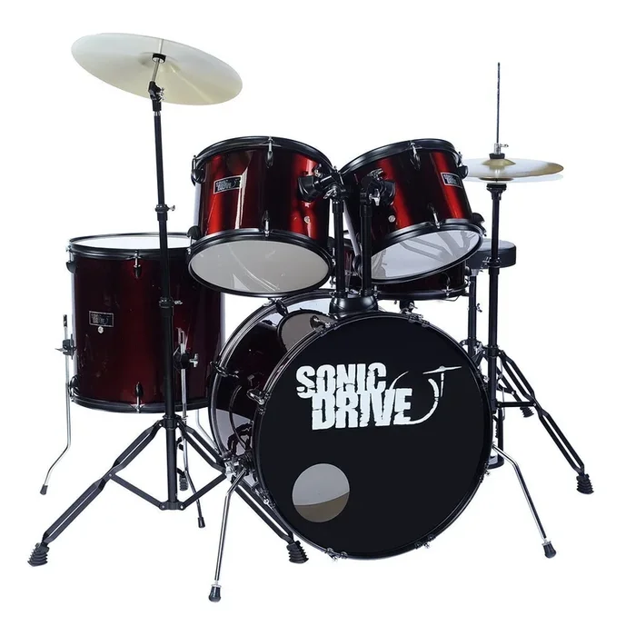 Sonic Drive 5-Piece Rock Drum Kit with 22″ Bass Drum (Metallic Wine Red)