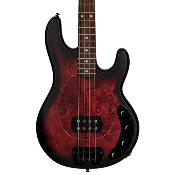 Sterling by Music Man Stingray RAY34 Rosewood Neck – Poplar Burl Dark Scarlet Burst