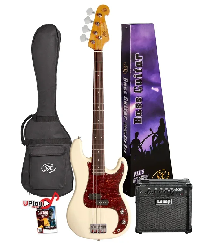 SX BASS & LX15B AMP PACK – SPB62VWH Vintage White Bass Guitar