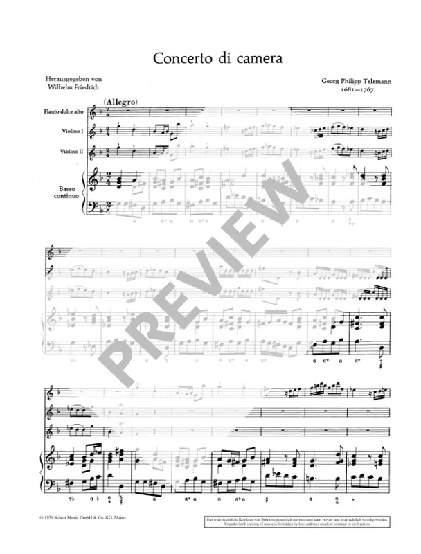 Telemann Concerto di camera for Treble Recorder, 2 Violins and Continuo