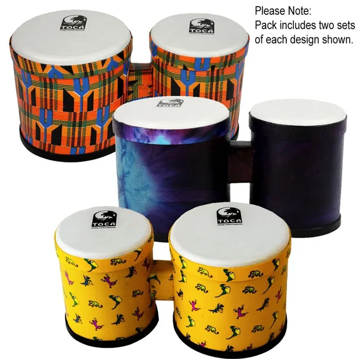 Toca 5 & 6″ Freestyle Series Synthetic Bongos in Woodstock Purple, Kente & Lizard Design (6-Pk)