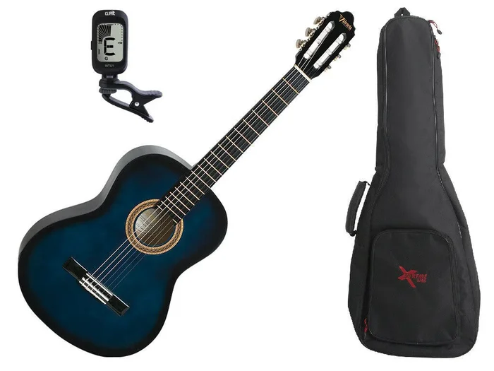 Valencia 1/4 Size Classical Guitar Pack Blue C/W Padded Bag Clip On Tuner