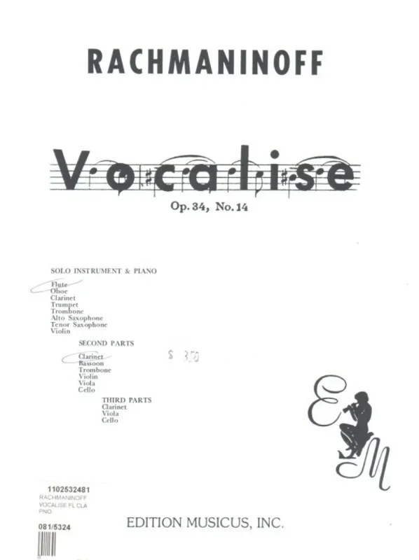 Vocalise Op 34 No 14 Fl Cla Piano